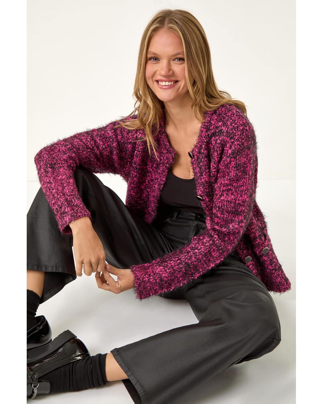 Roman Red Fluffy Knit Button Cardigan