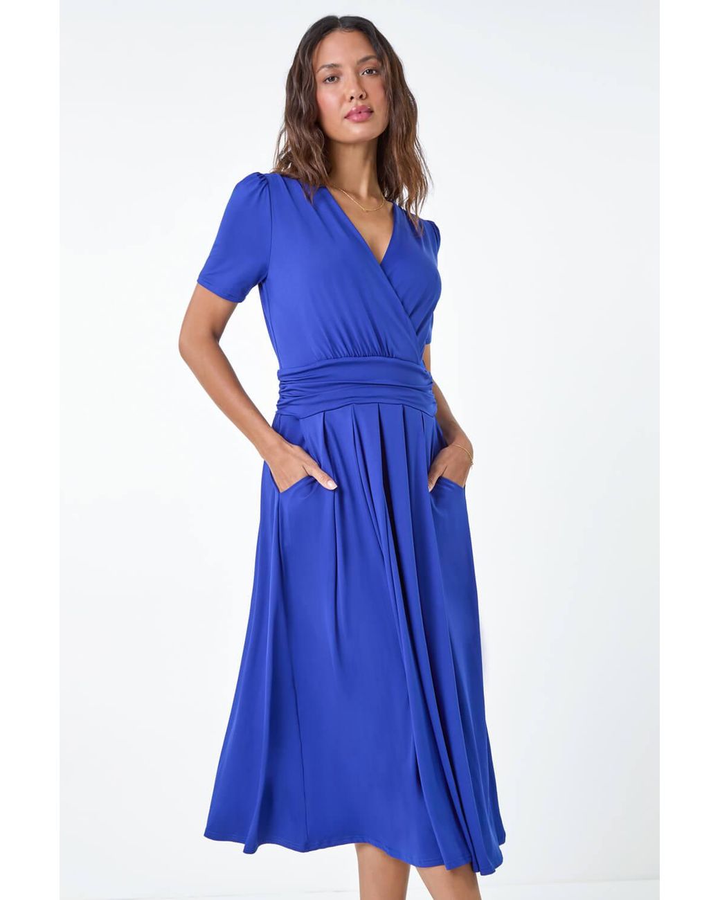 Roman Blue Gathered Stretch Wrap Midi Dress