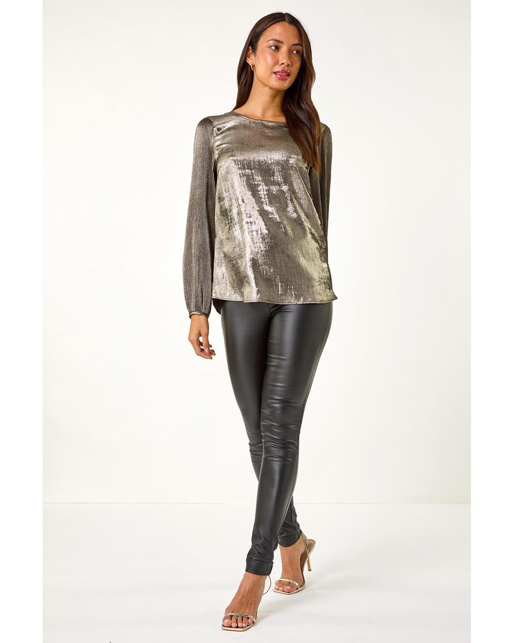 Roman Metallic Pleated Sleeve Top