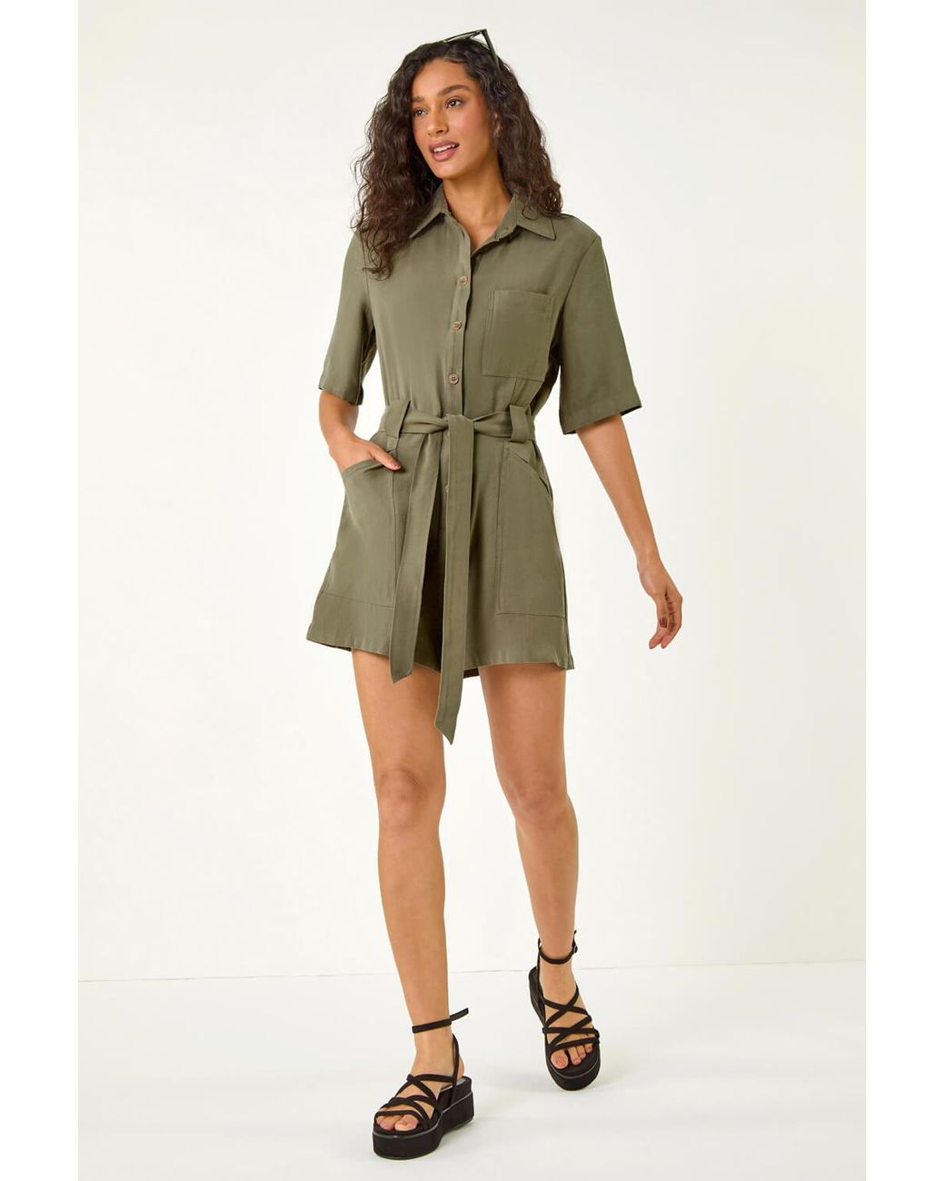 D.u.s.k Green Stretch Buttoned Belted Pocket Playsuit