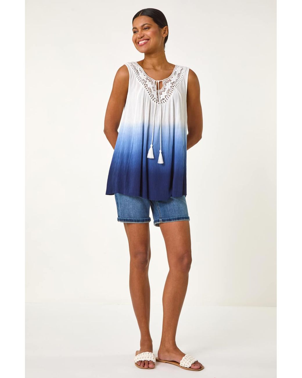 Roman Blue Cotton Lace Detail Ombre Vest Top