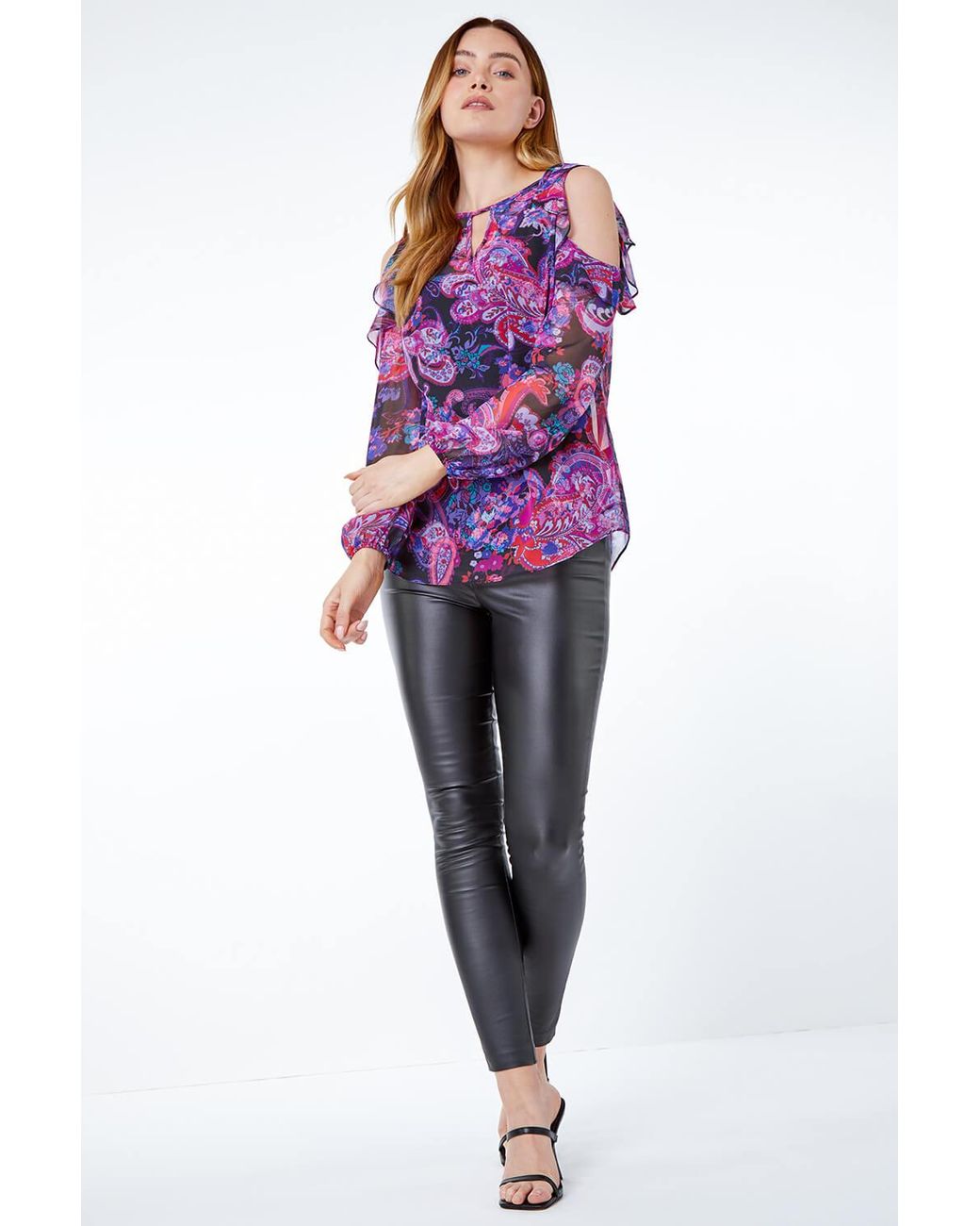 Roman Purple Paisley Cold Shoulder Frill Top