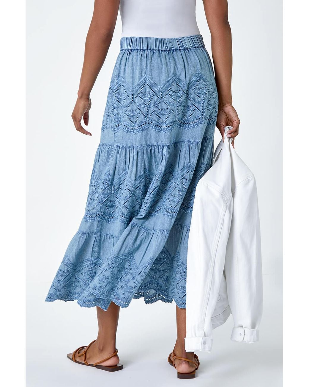 Roman Blue Broderie Elastic Waist A Line Tiered Midi Skirt