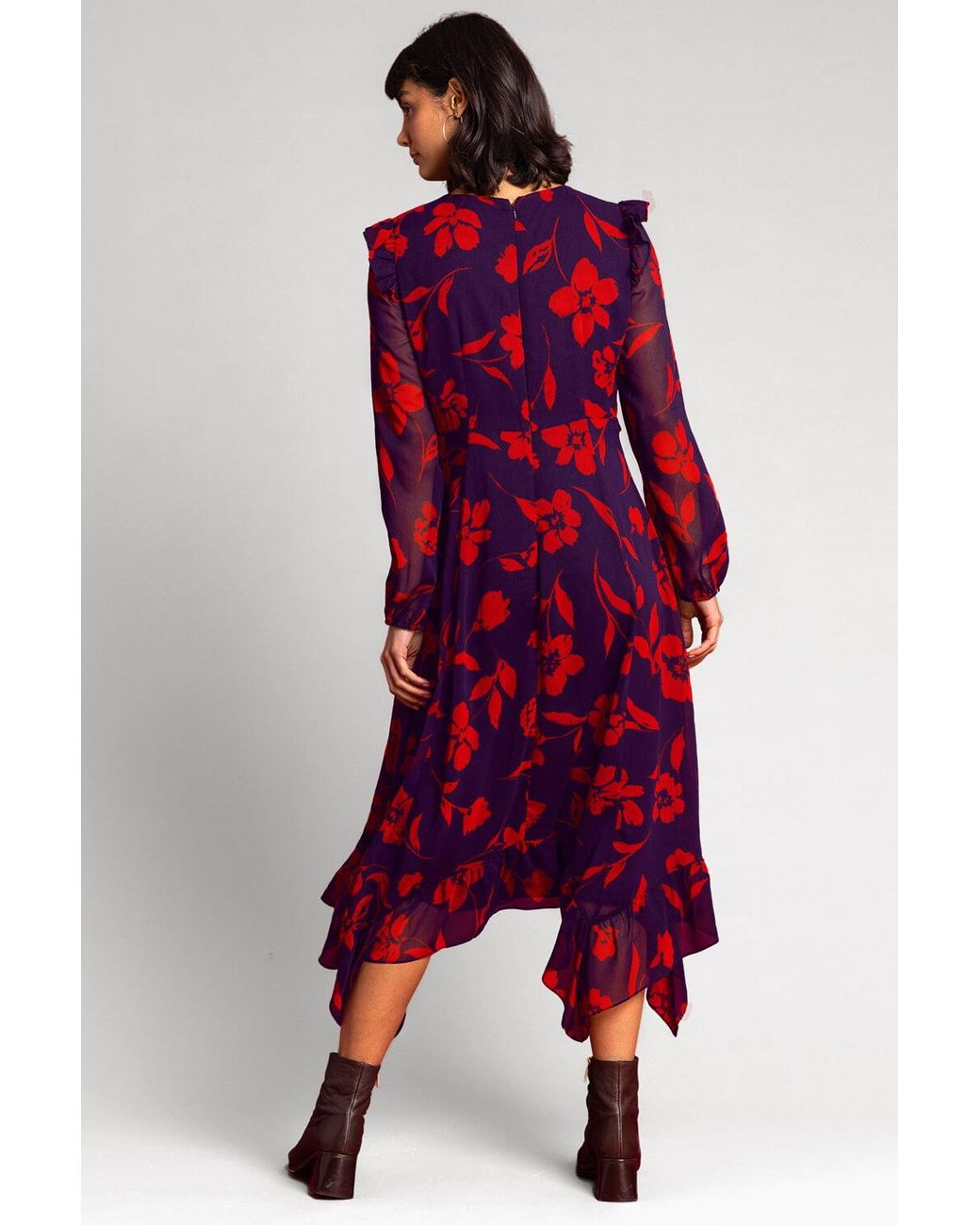 Roman Purple Floral Print Chiffon Midi Dress