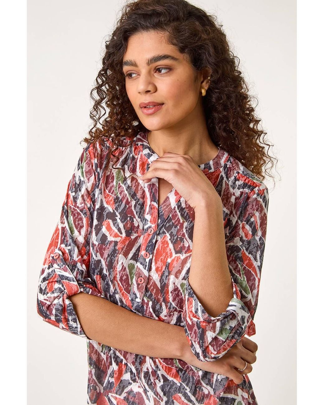 Roman Red Abstract Print Burnout V-Neck Shirt