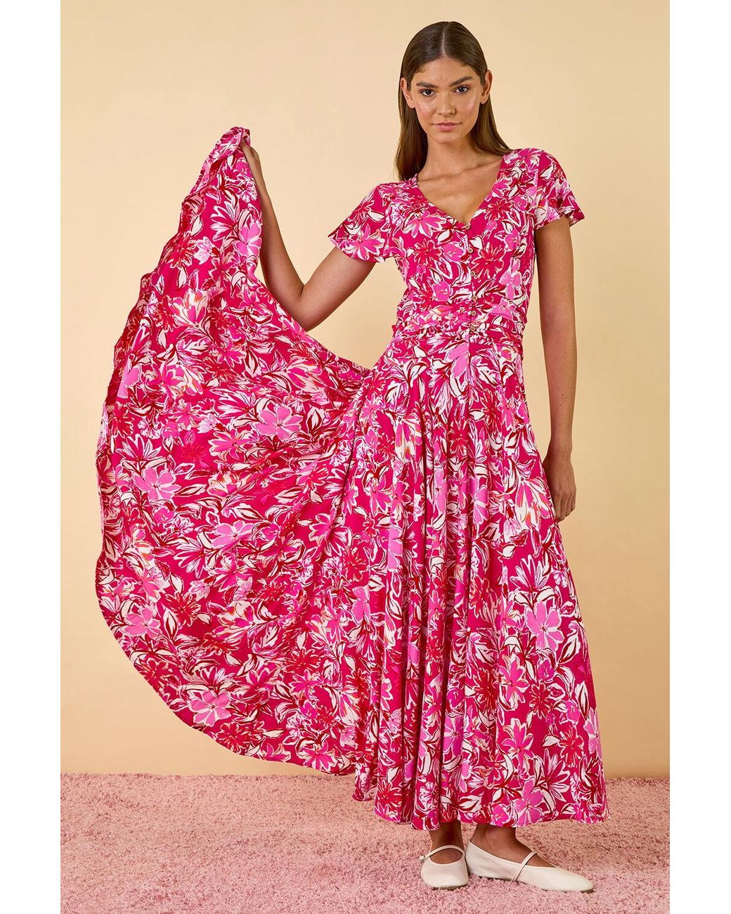 Roman Pink Floral Ruched Waist Maxi Dress