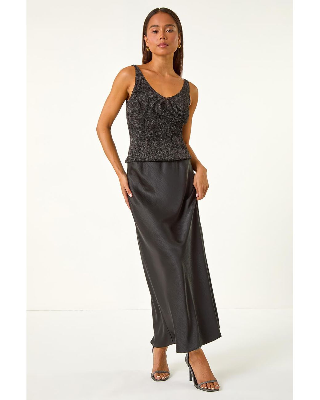 Roman Petite Black Satin Bias Cut Skirt