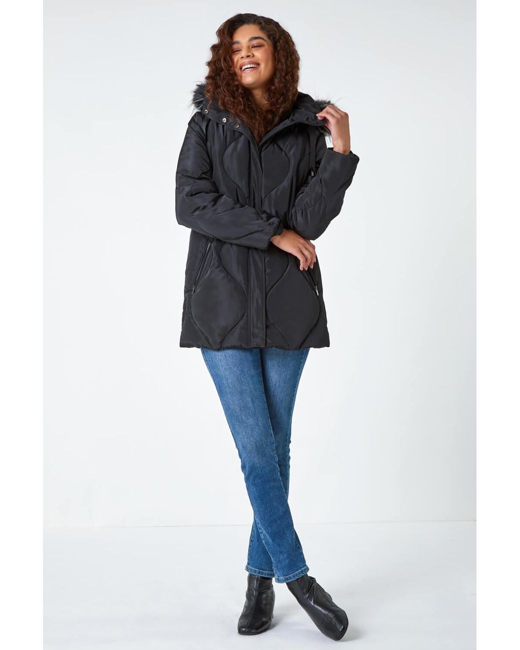 Roman Blue Quilted Faux Fur Hooded Coat