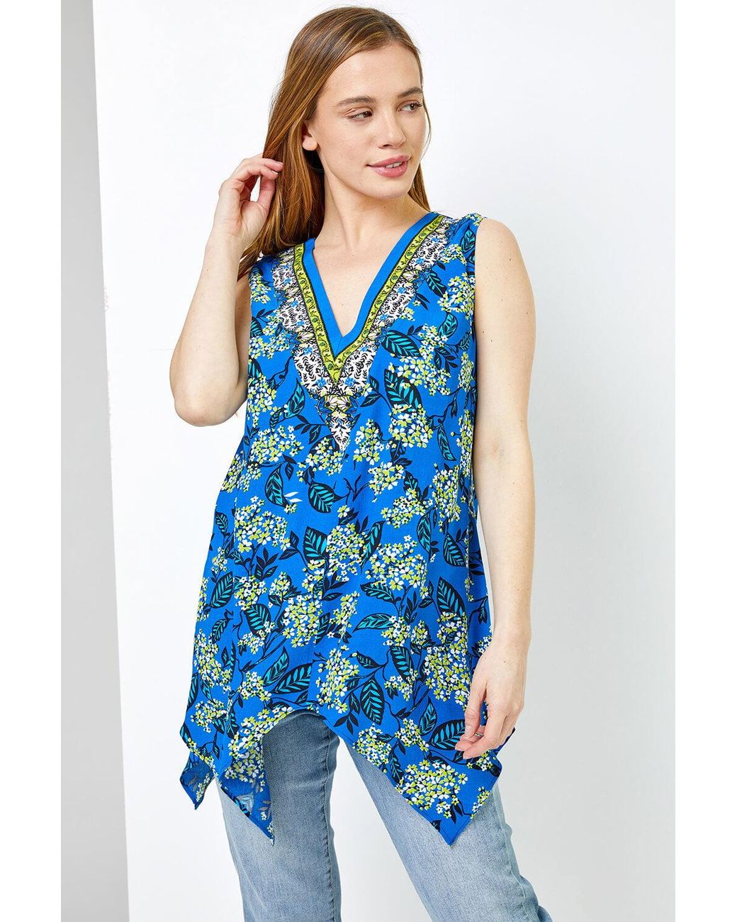 Roman Petite Blue Floral Print Hanky Hem Top