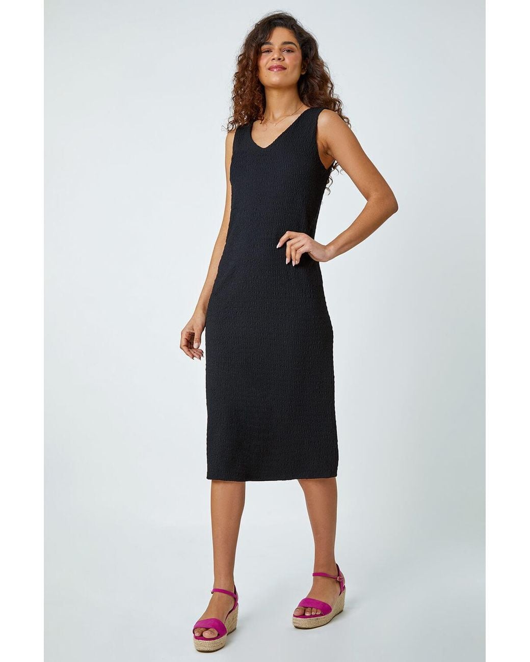 Roman Black Textured Stretch Jersey Midi Dress