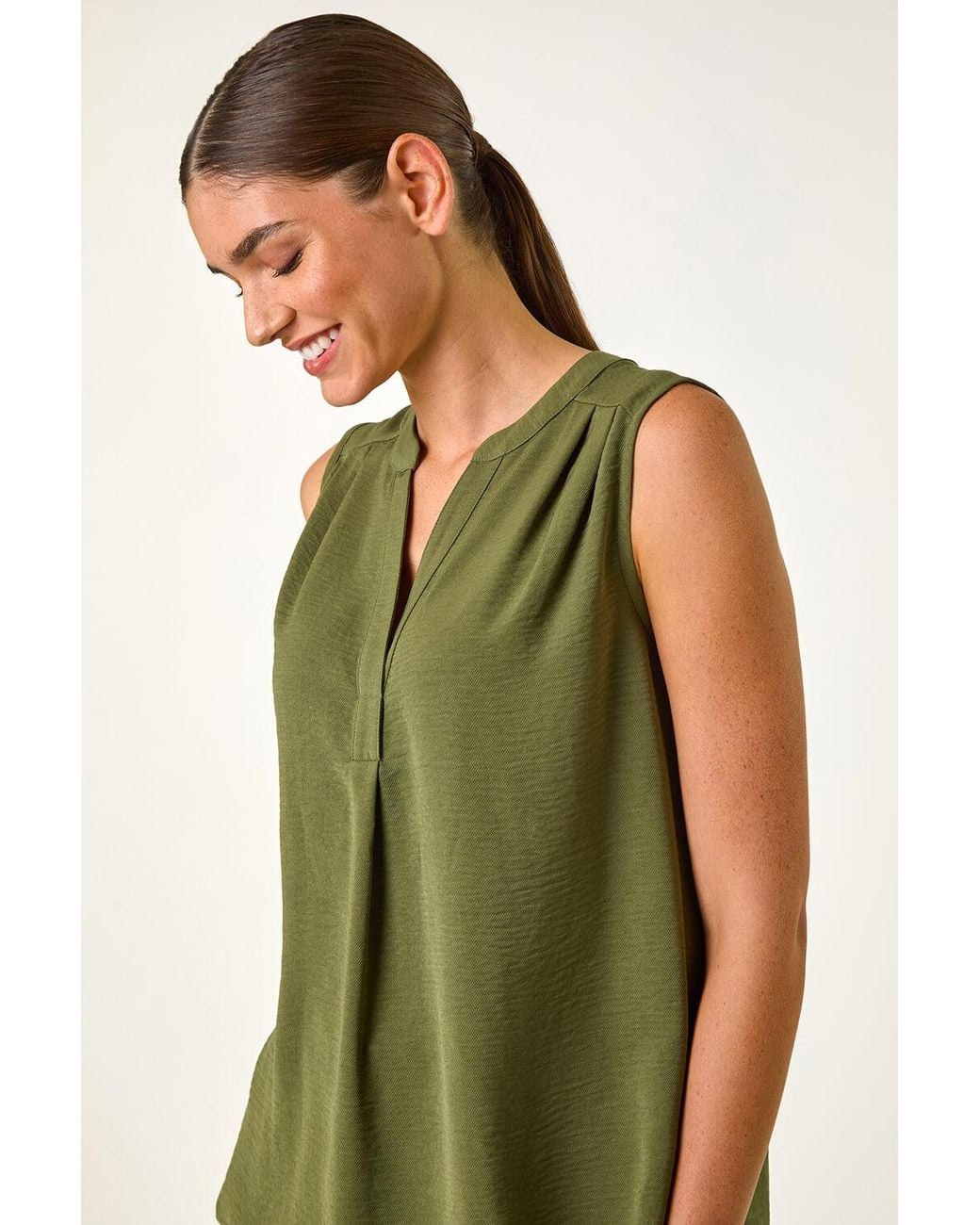 Roman Green V-Neck Front Pleat Vest Top
