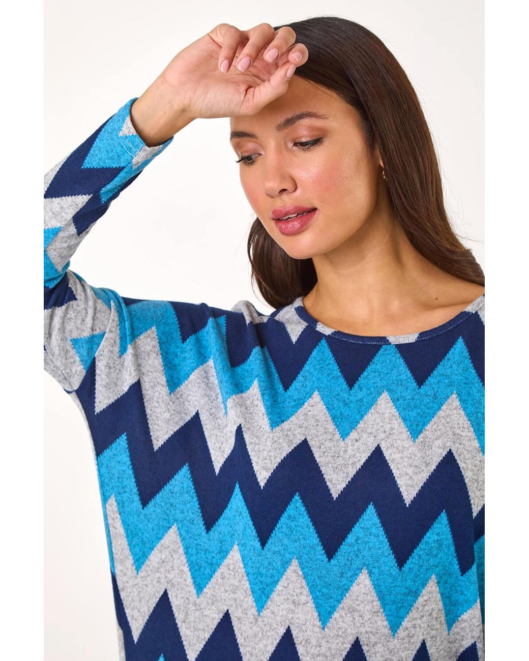 Roman Blue Zig Zag Stripe Print Top