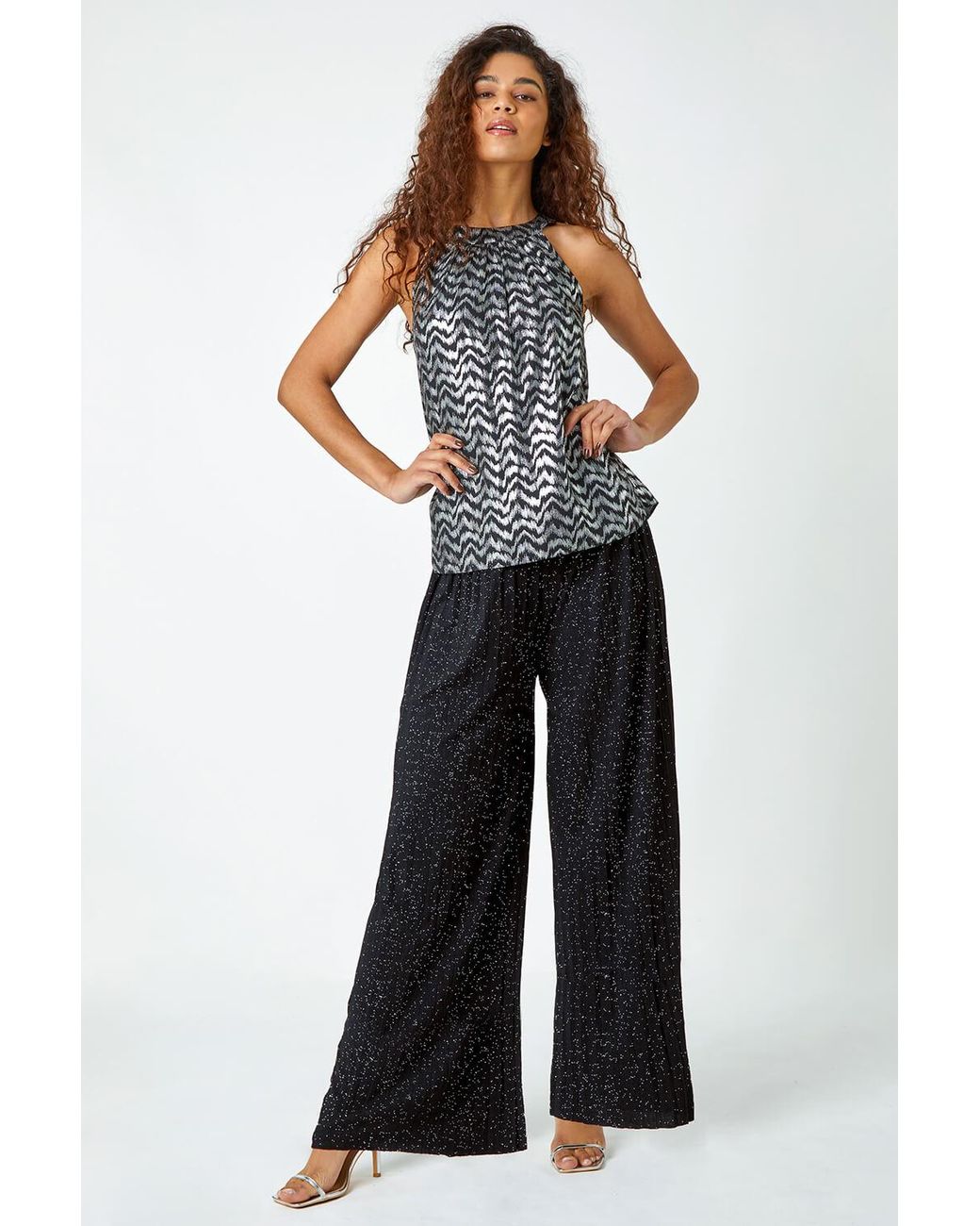 Roman Black Pleated Glitter Stretch Trousers