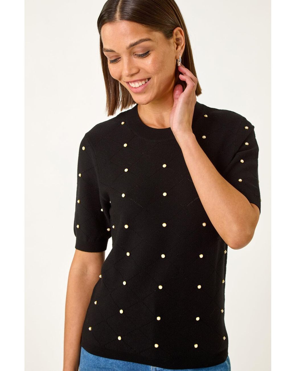 Roman Black Faux Pearl Embellished Knit Top