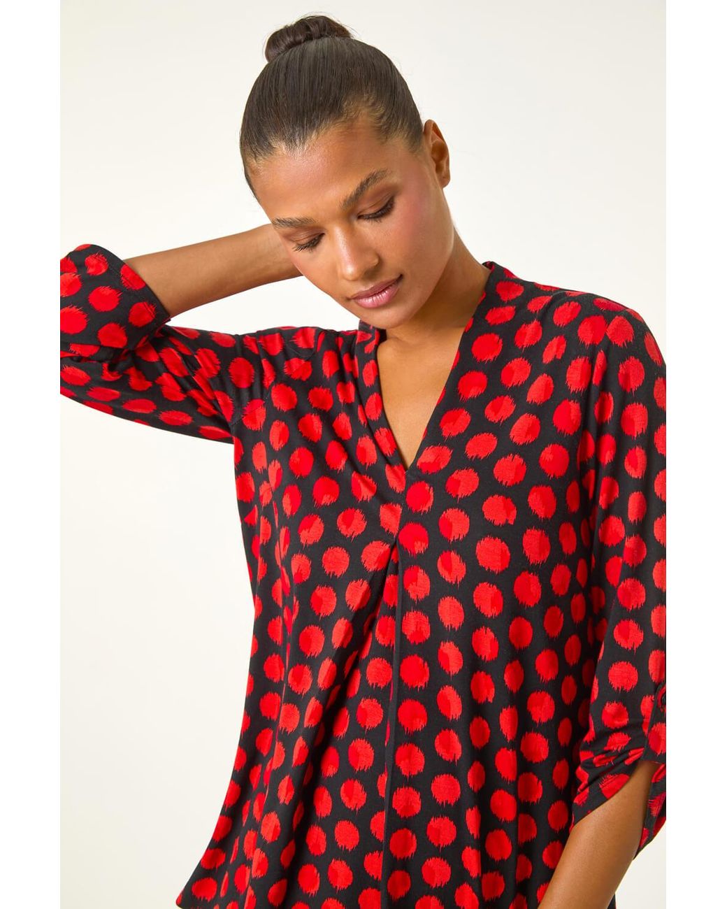 Roman Red Spot Print Pleat Front Top