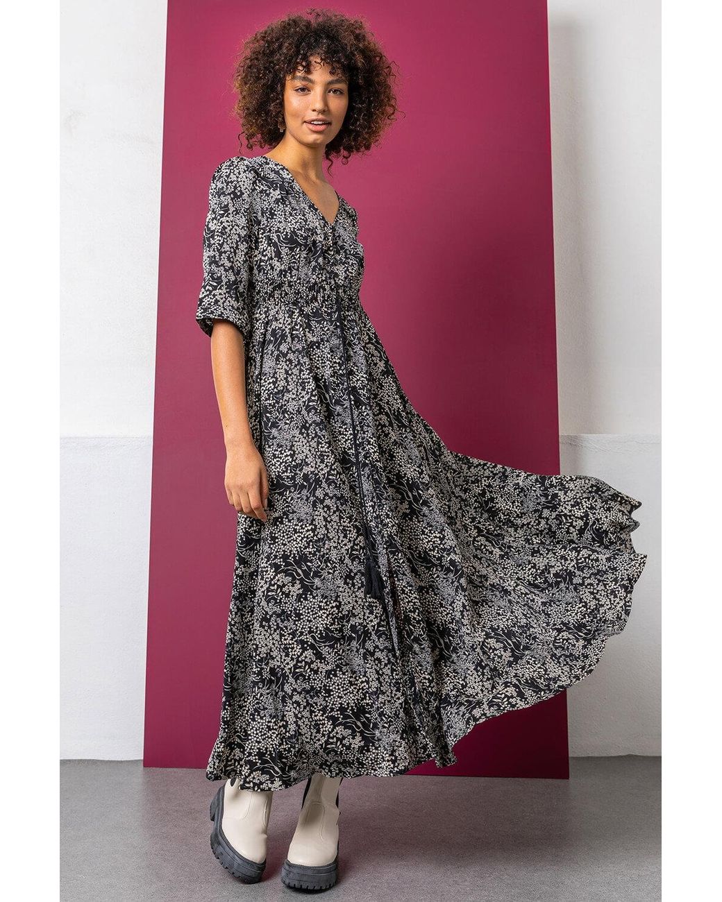 D.u.s.k Black Floral Print Shirred Waist Maxi Dress