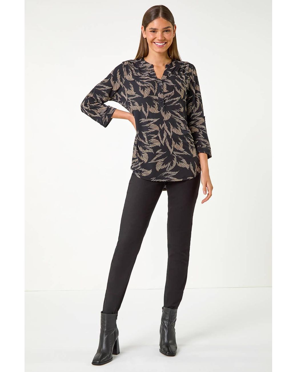 Roman Black Textured Abstract Print V-Neck Stretch Shirt