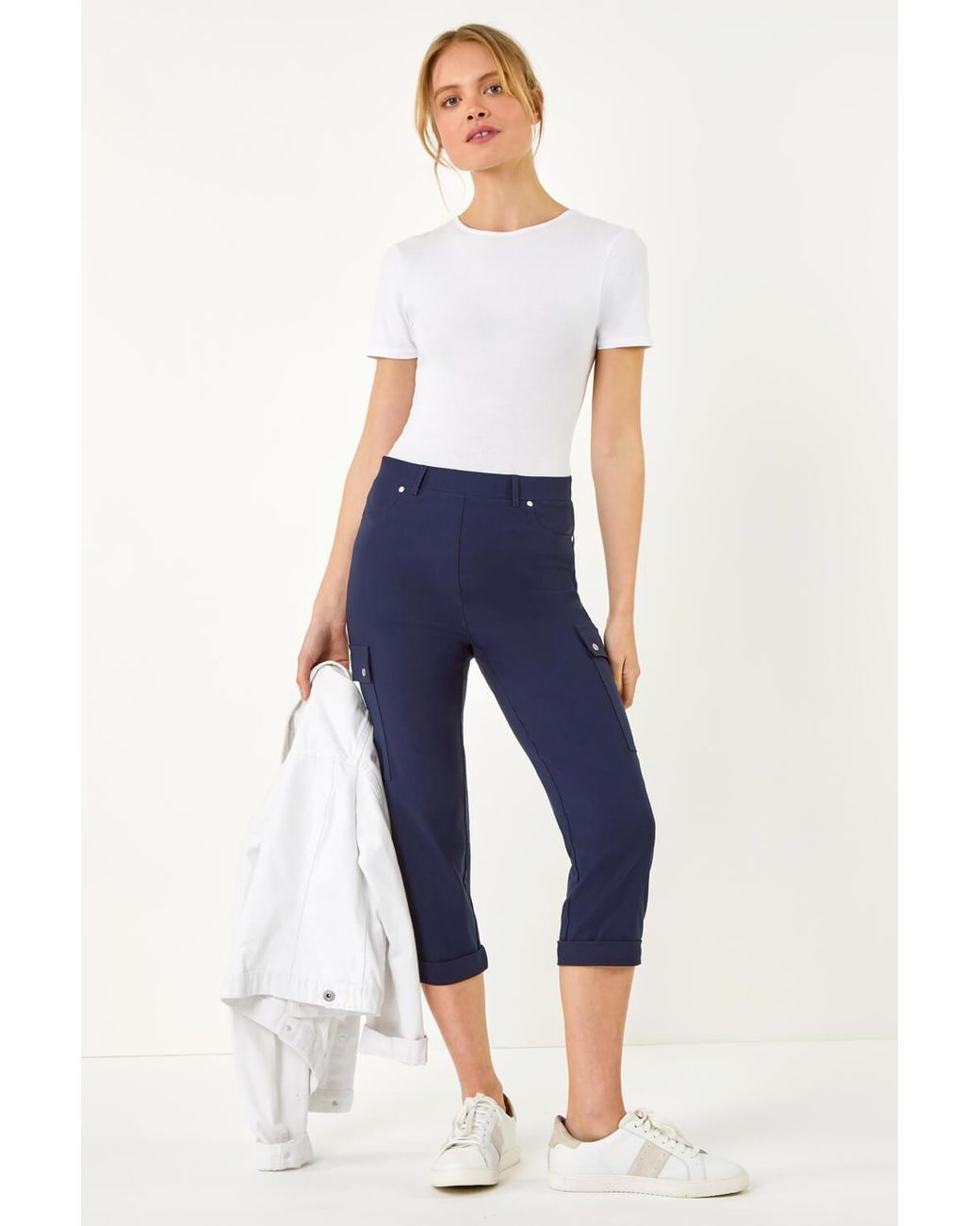 Roman Blue Elastic Waist Turn Up Stretch Cargo Trousers