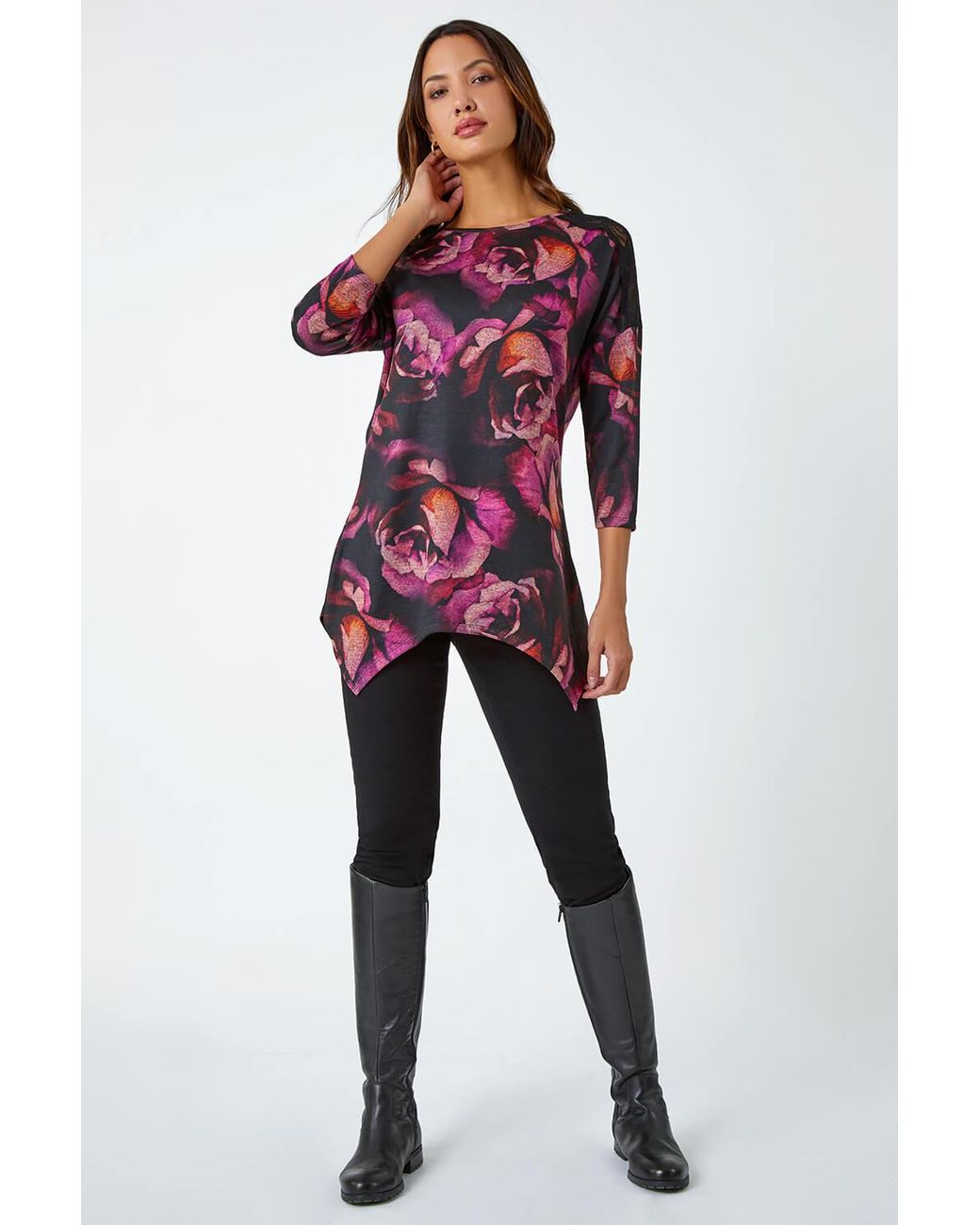 Roman Red Floral Lace Detail Hanky Hem Top