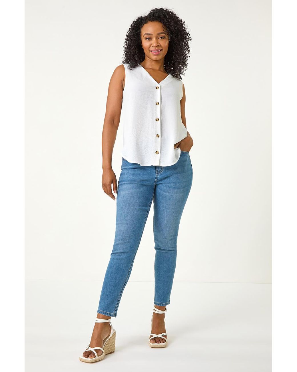 Roman Petite White V-Neck Front Button Blouse