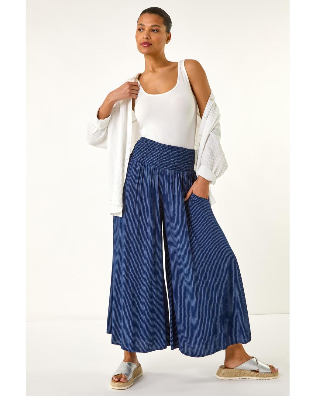 Roman Blue Fine Stripe Wide Culotte Trousers
