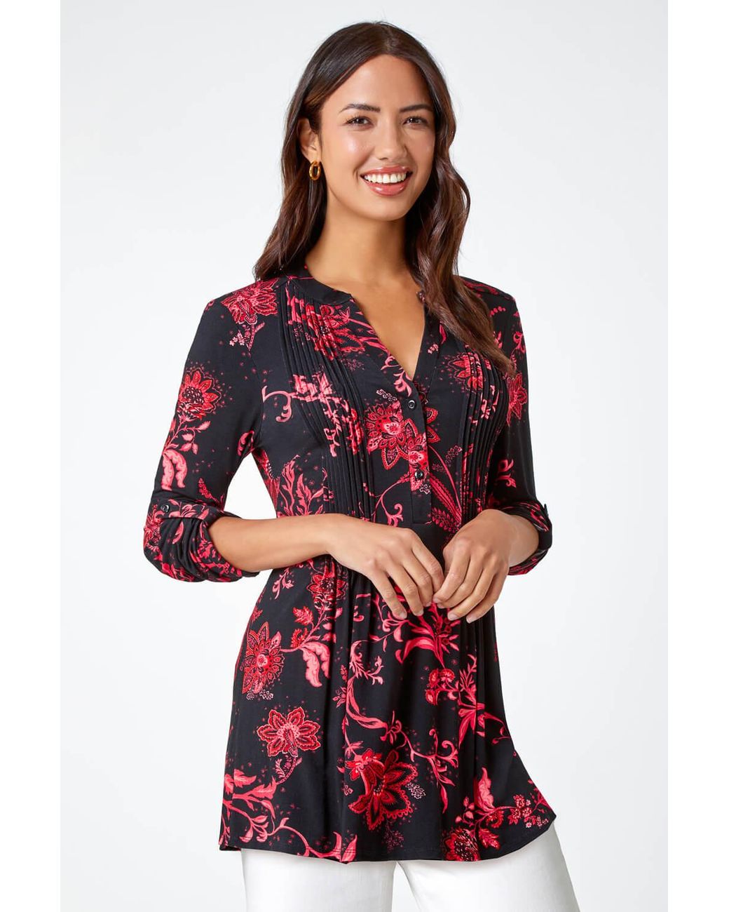 Roman Red Paisley Print Pintuck Stretch Top