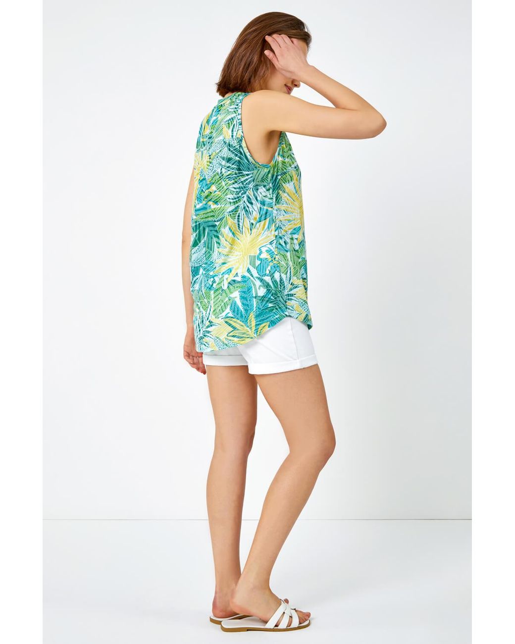 Roman Blue Sleeveless Tropical Button Detail Top