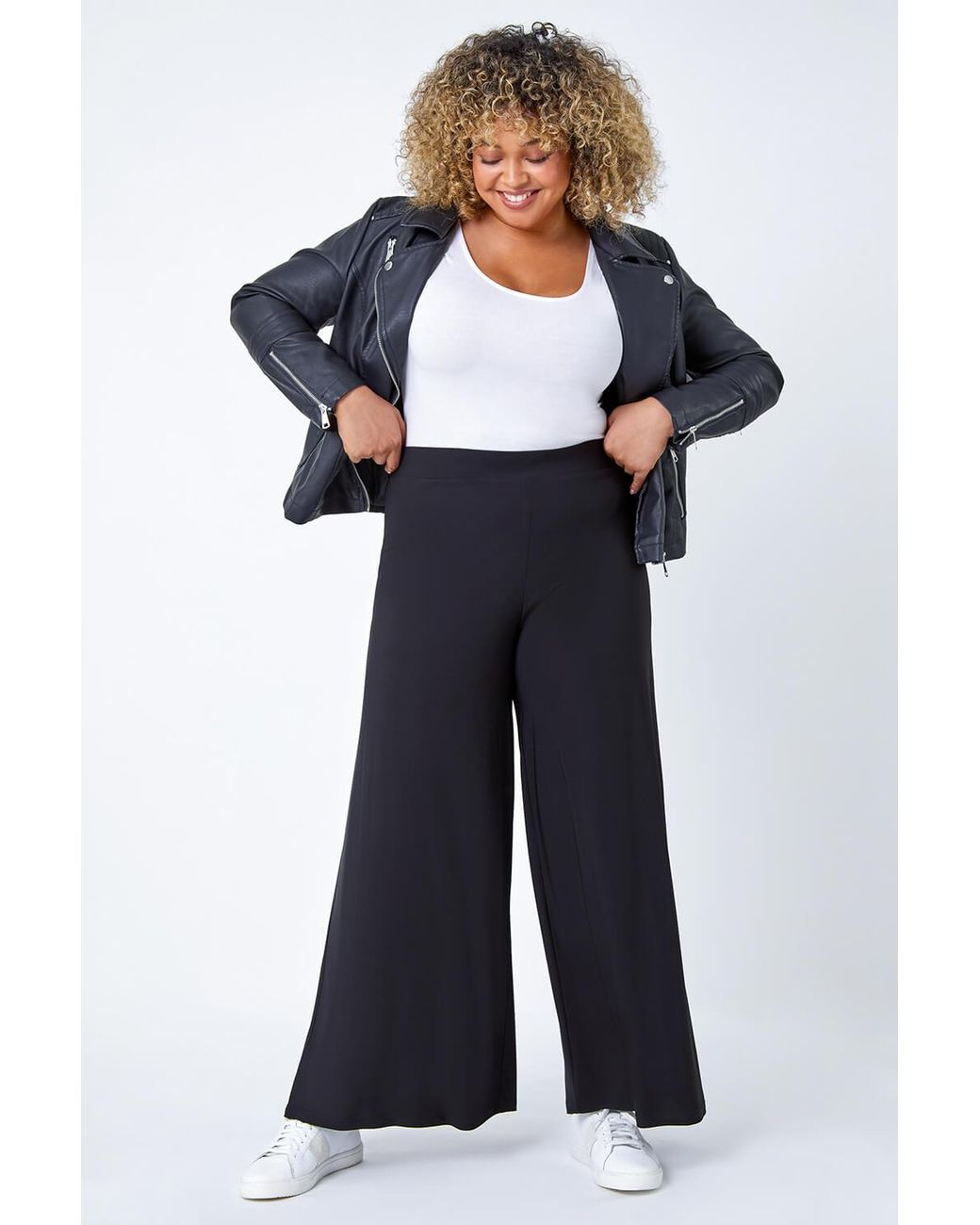 Roman Curve Black Elastic Waist Wide Leg Trousers