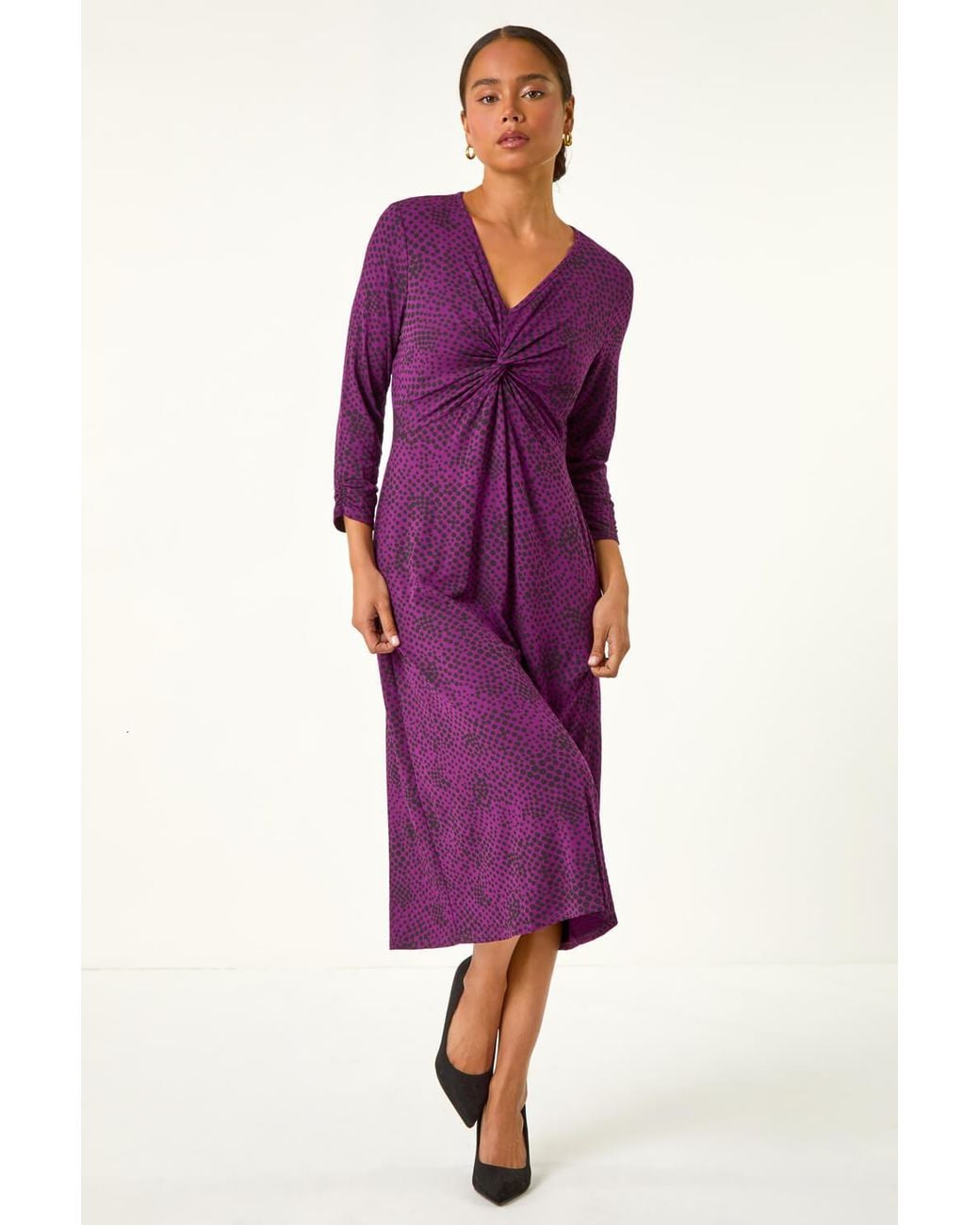 Roman Petite Purple Twist Front V-Neck Midi Dress