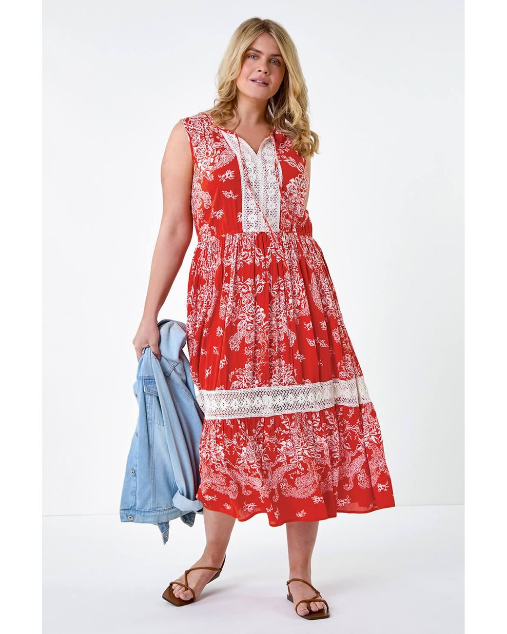 Roman Curve Red Broderie Boho Printed Maxi Dress