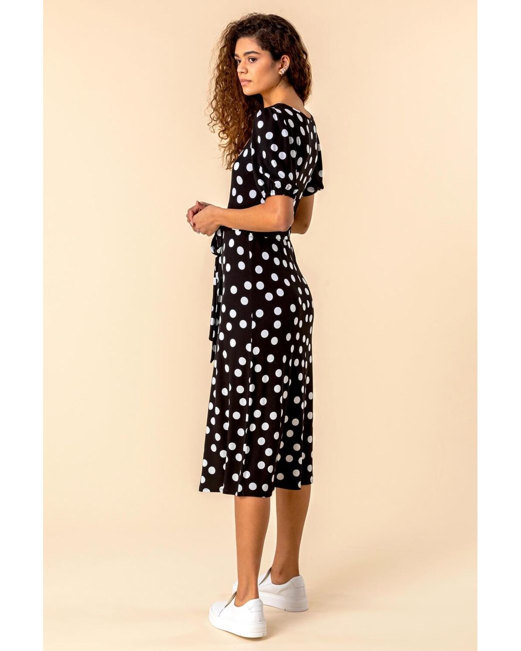 Roman Black Ruched Neck Spot Print Midi Dress