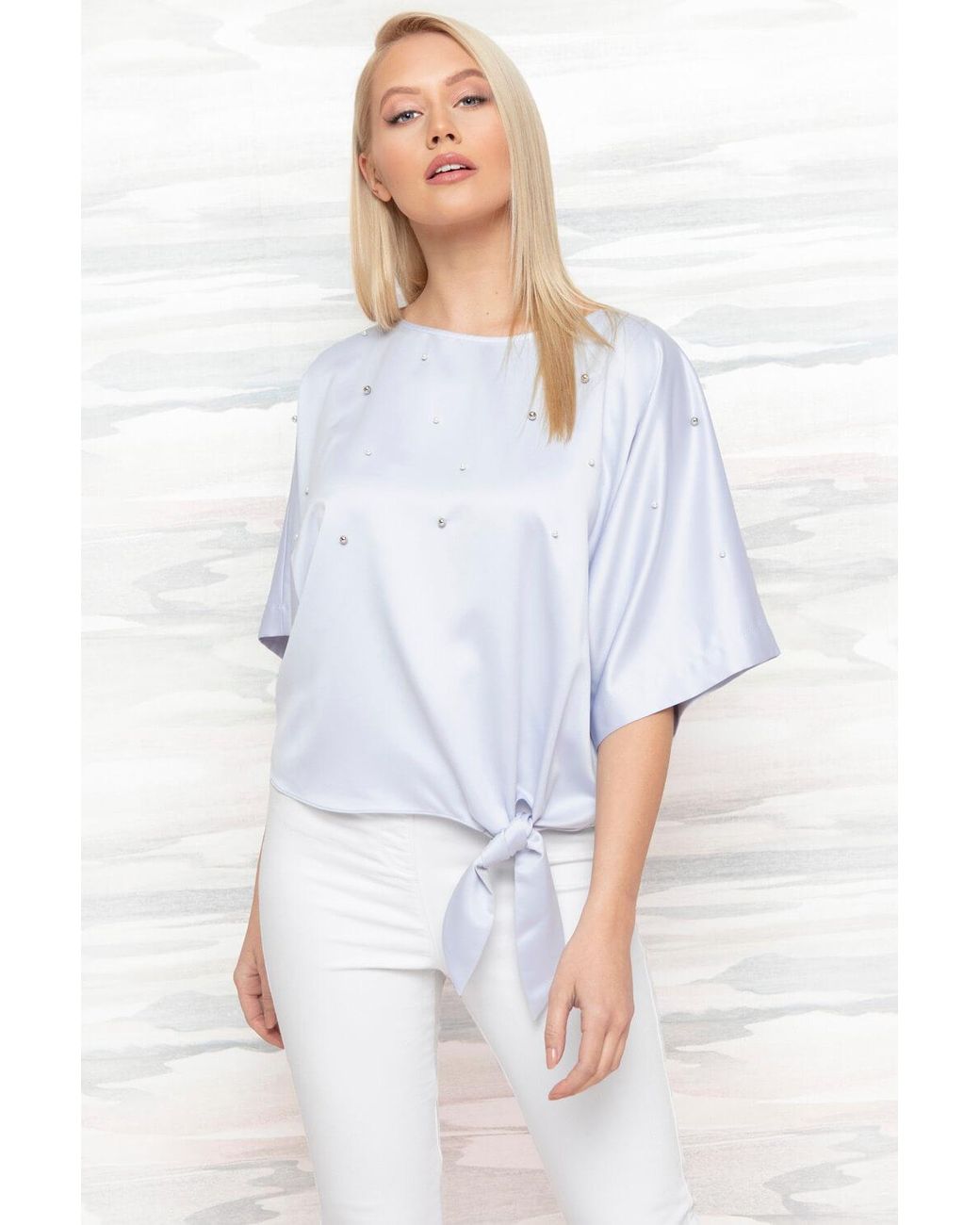 Roman Blue Pearl Trim Tie Front Top