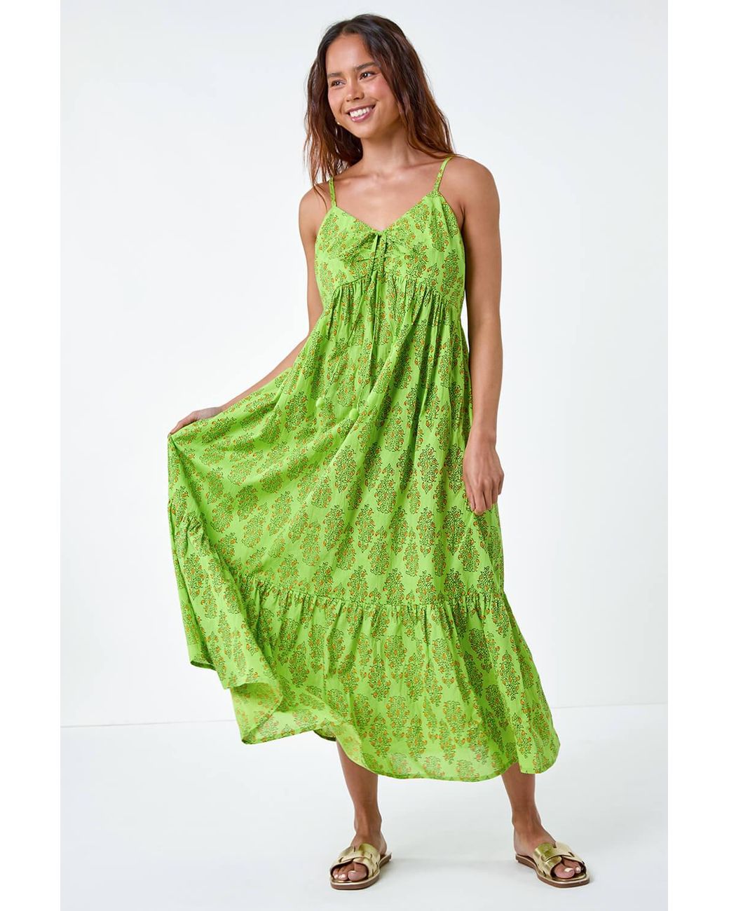Roman Petite Green Paisley Tiered Cotton Midi Dress