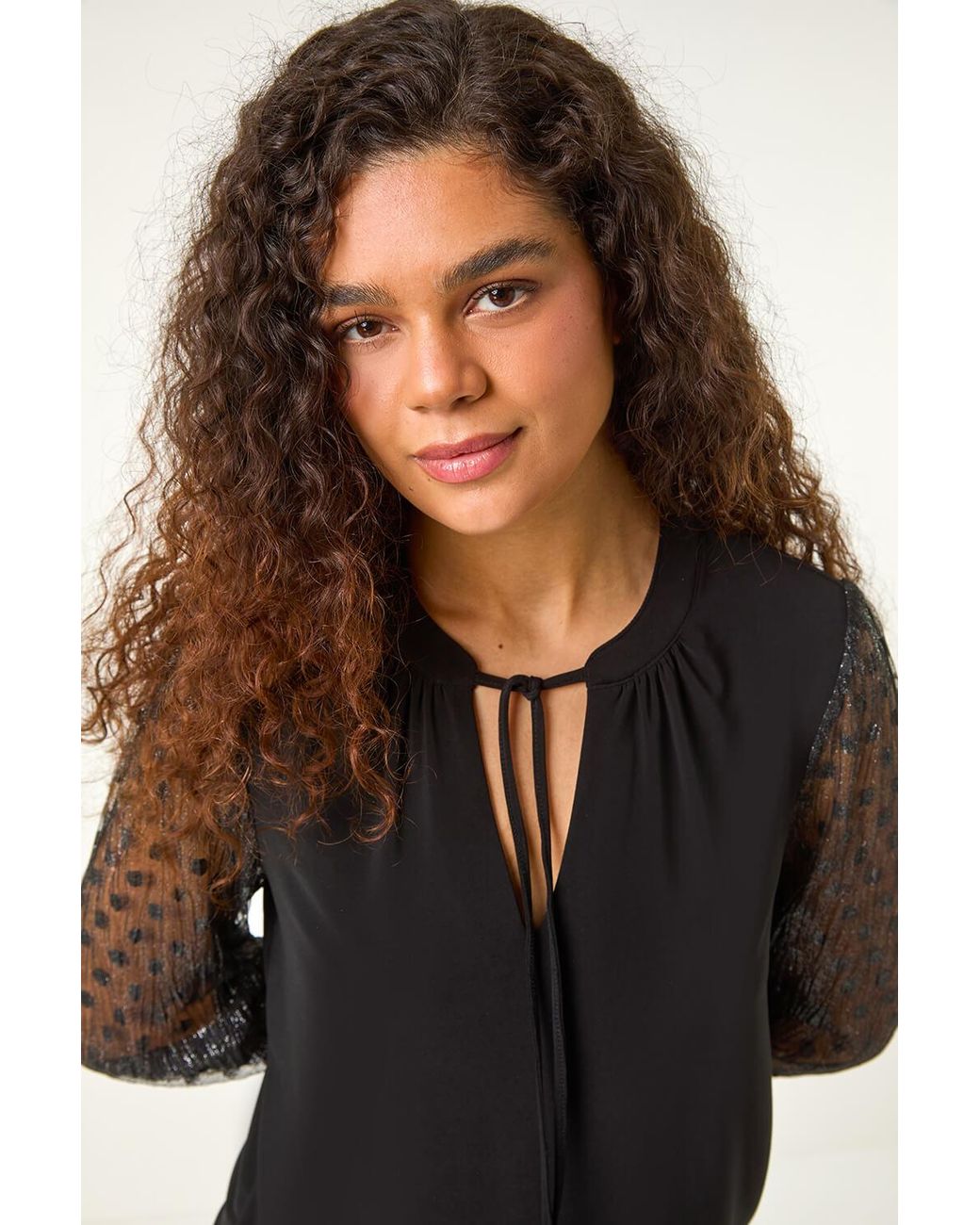 Roman Black Tie Neck Plisse Sleeve Top