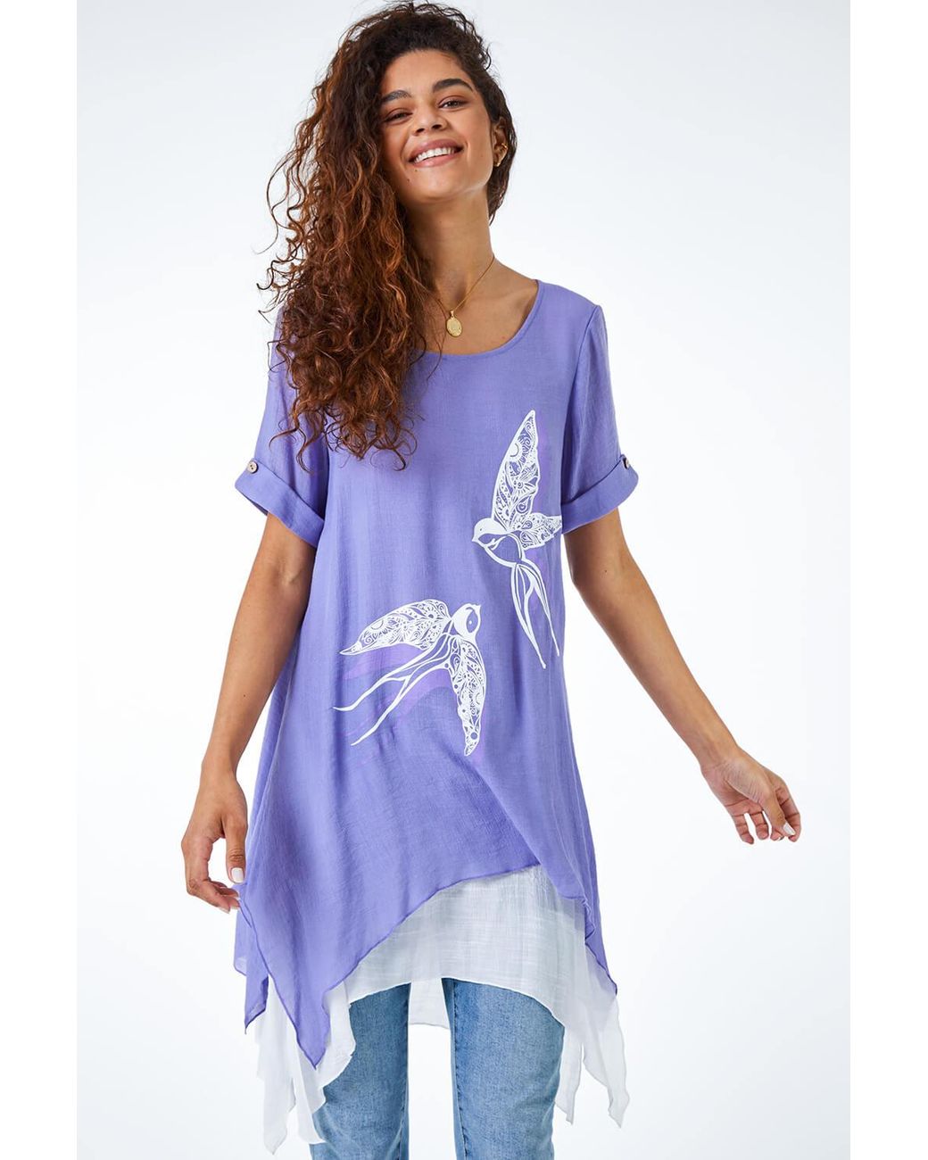 Roman Purple Bird Print Asymmetric Tunic Top