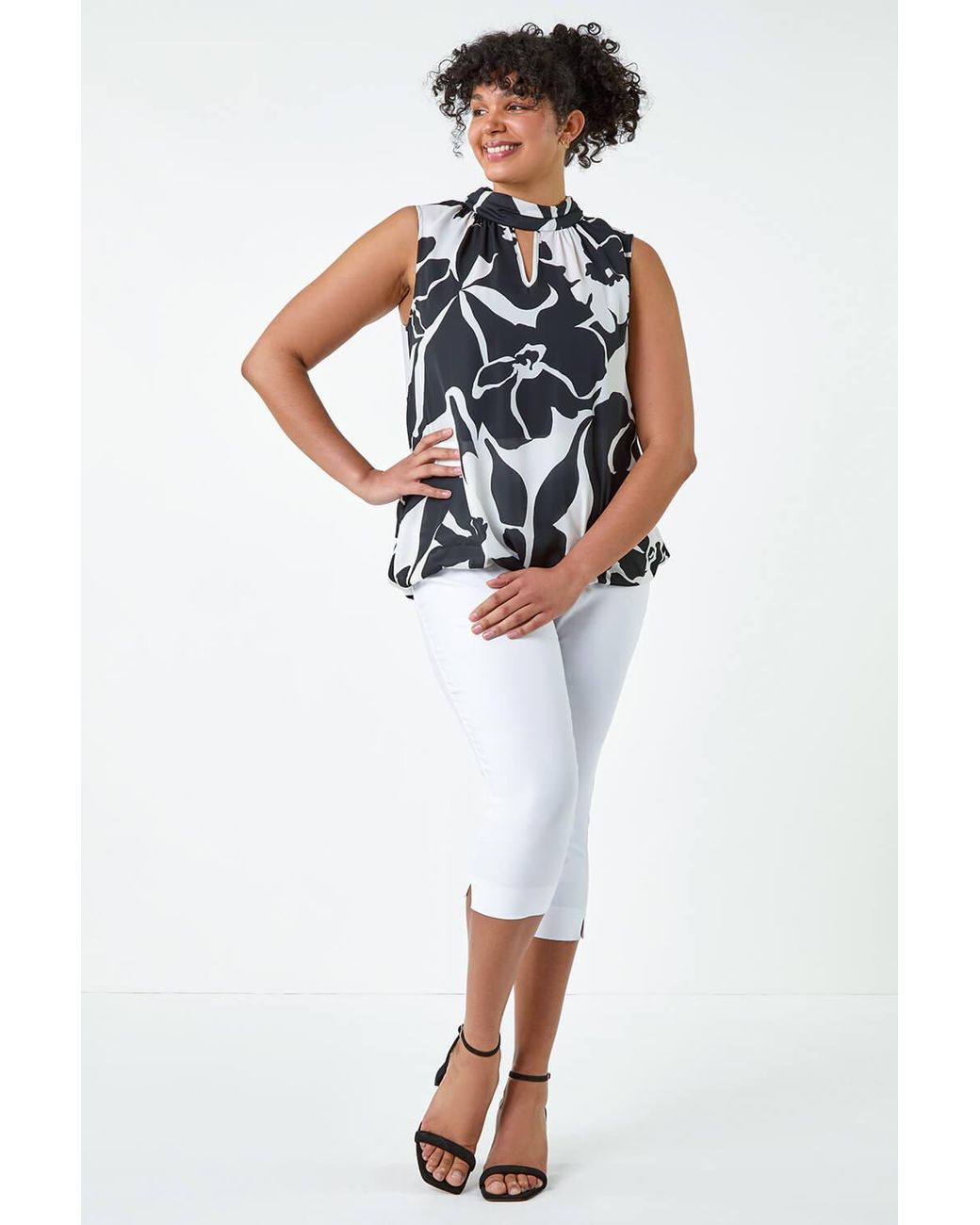 Roman Curve Black Abstract Bubble Hem Keyhole Top