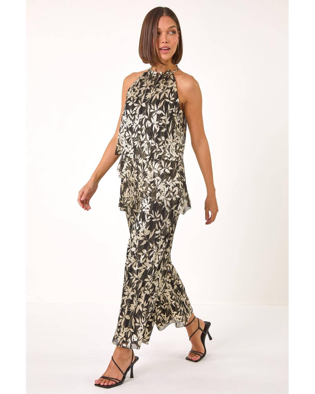 Roman White Abstract Foil Print Plisse Jumpsuit