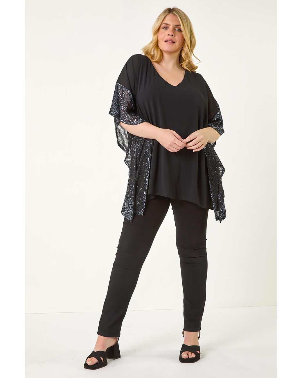 Roman Curve Black Sequin Trim Overlay Top