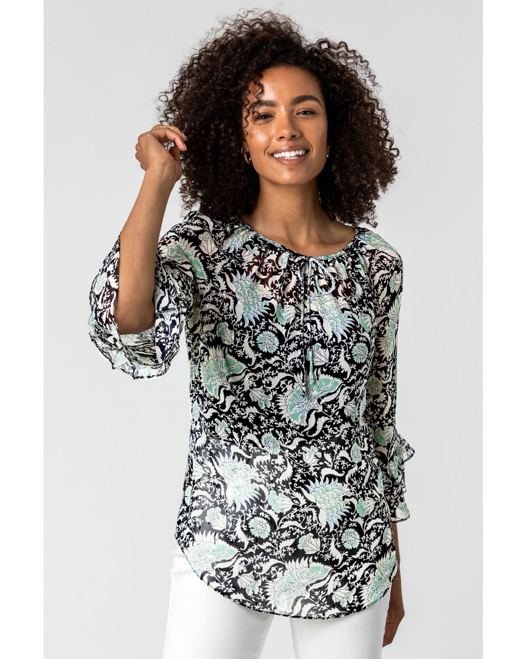 Roman Multicolor Tie Detail Floral Print Blouse