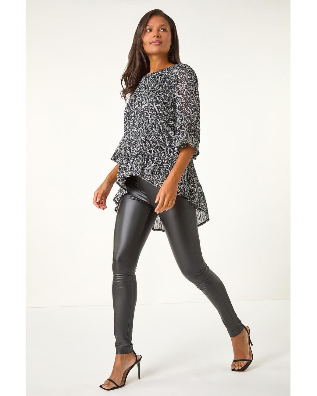 Roman Gray Floral Print Pleated Tunic