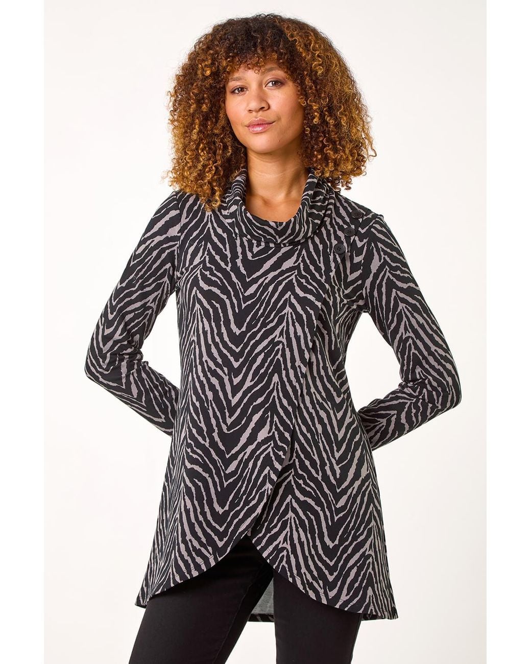 Roman Gray Animal Print Cowl Neck Tunic Top