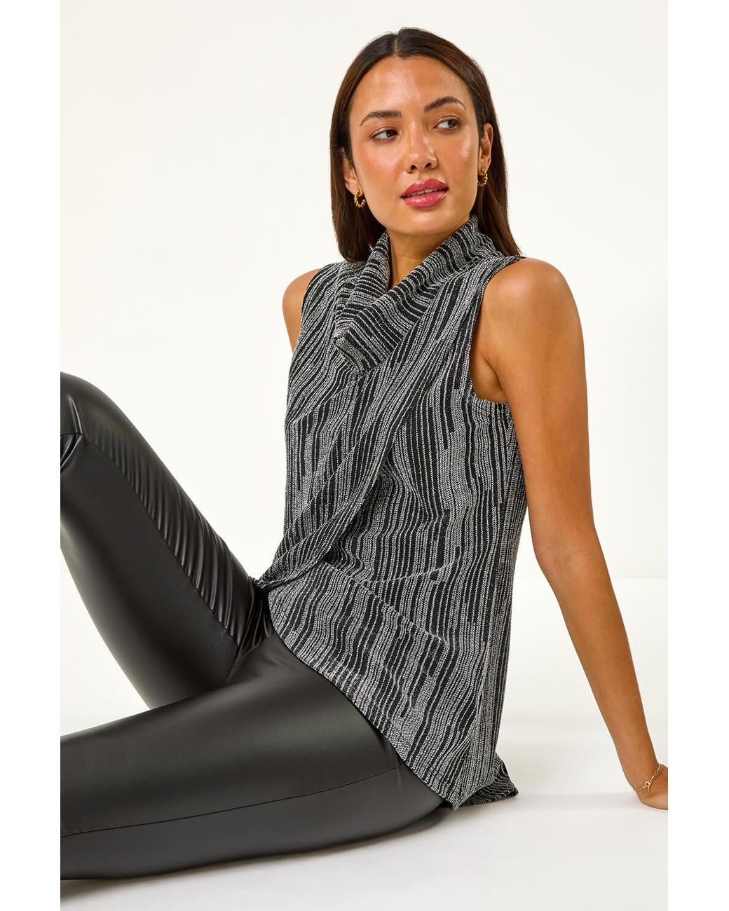 Roman Black Shimmer Line Cowl Neck Tunic Top