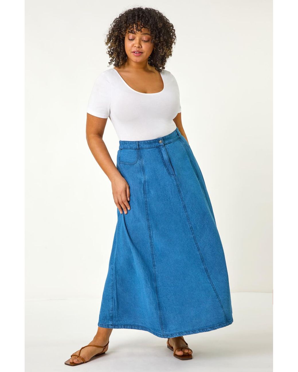 Roman Curve Blue Cotton Denim Swing Skirt
