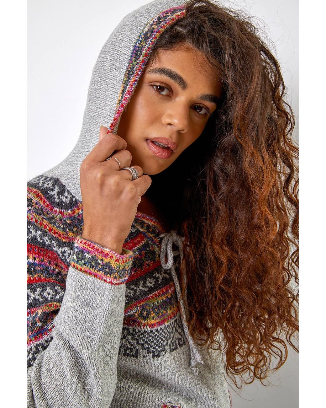 Roman Brown Nordic Print Hooded V-Neck Jumper