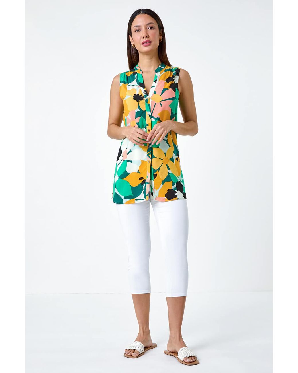 Roman White Floral Print Sleeveless V-Neck Button Blouse