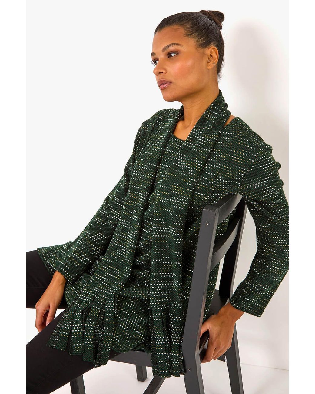 Roman Green Scarf Longline Stretch Tunic Top
