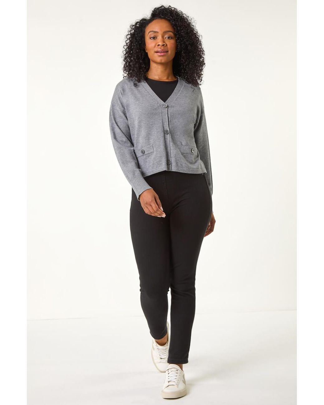 Roman Petite Gray Buttoned Knit Cardigan