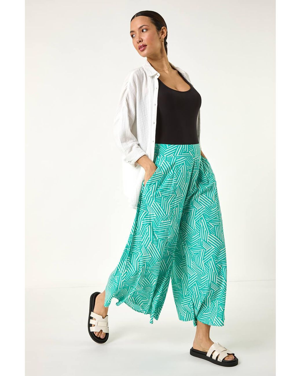 Roman Blue Geometric Print Cullotte Trousers