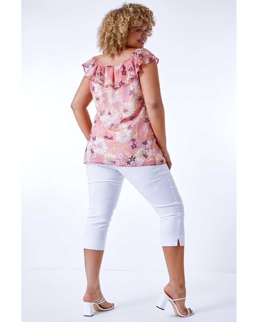 Roman Curve Pink Floral Frill Chiffon Bardot Top