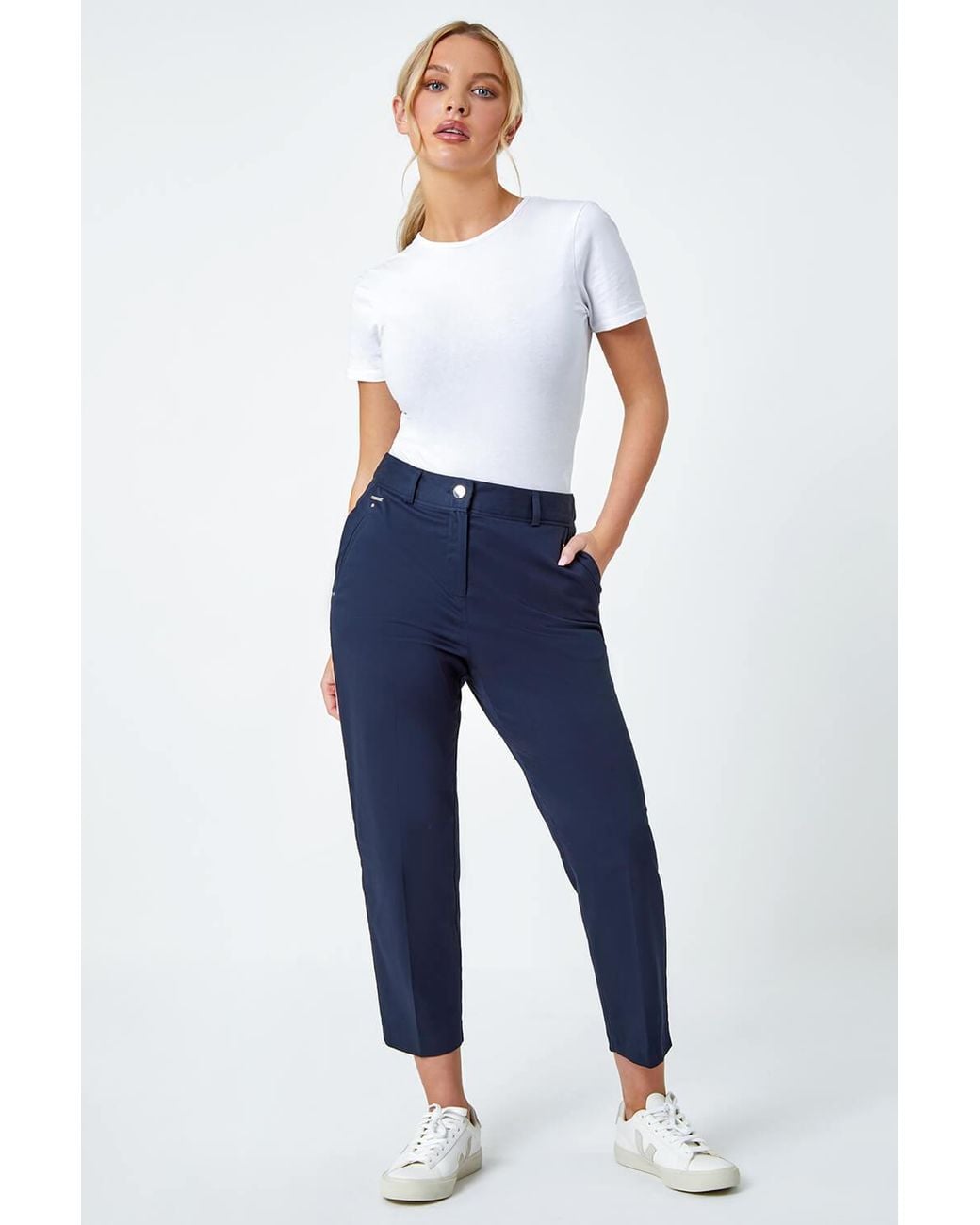 Roman Petite Blue Cotton Ankle Grazer Tapered Trousers